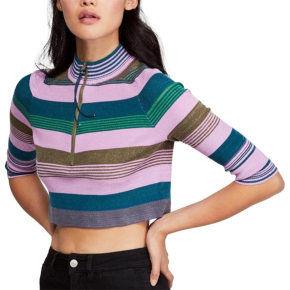 NWT Free People Rip Tide Zip Mock Neck Sweater Long Sleeve 1/4 Zip Teal Purple S - Picture 3 of 9